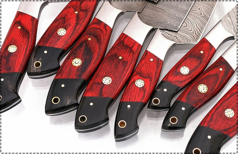 GladiatorsGuild G16Red- Professional Kitchen Knives Custom Made Damascus Steel pcs of Professional Utility Chef Kitchen Knife Set with Chopper/Cleaver Black Horn (at end) GladiatorsGuild (8, Red) - Image 2